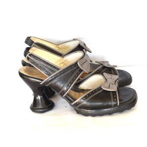 John Fluevog Black and Grey Bow Slingback Sandals